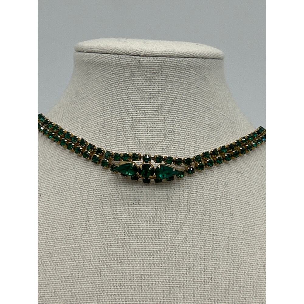 Kramer of New York Green Rhinestone Necklace Vintage Gold Tone Statement Signed